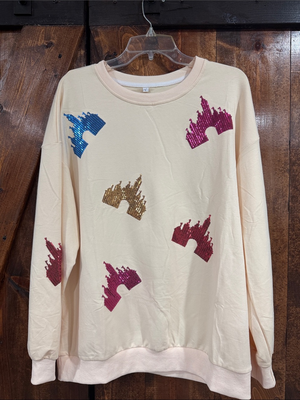 Bought on Amazon Disney Sweatshirt with Pink Blue and Gold Sequin Castles